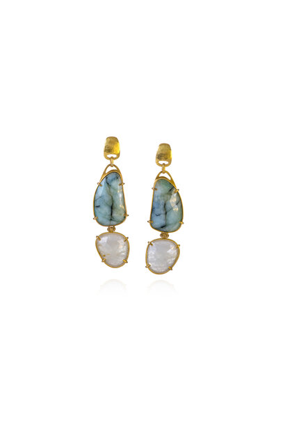 Lisa Black Jewellery - Raw Emerald and Sapphire Jayne Earrings -  Natural Emeralds and White Corundum Sapphire  - 22ct Gold- Handmade in Australia