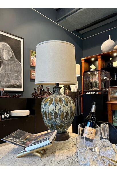 Large Vintage  Mid Century Ceramic Look Resin Table Lamp on a Metal Base - Green and Brown with a Cream Shade with Gold Trim - H102xD50cm (Base 26cm)