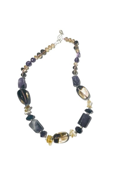 Mixed Semi Precious Stone Necklace  (Purple Tones - Amethyst, Smoky Quartz, Agate) - Sterling Silver Clasp - L40cm - Sourced USA