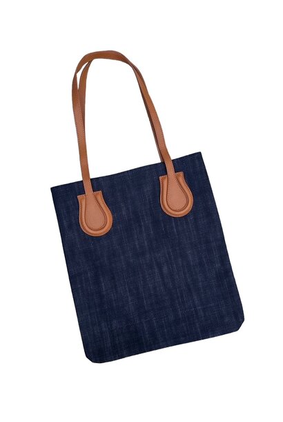 Koff Denim Tote with Leather Handle - Brown - H36 x 32cm - USA