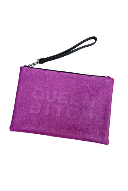 Koff Leather Clutch - QUEEN BITCH - Pink - H18 x 27cm - USA