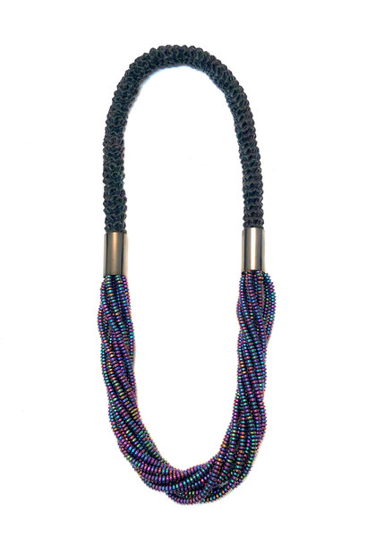 2 by Lyn & Tony - HALCYON Neckpiece - Woven Kangaroo Leather & Hematite Stone - Handmade in Australia