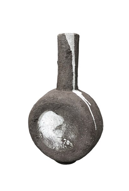 Linda Bretherton - Takai Vase #2, 2024 - Black Scarva clay with white glazed interior and liquid quartz exterior seal - 35x20x14cm