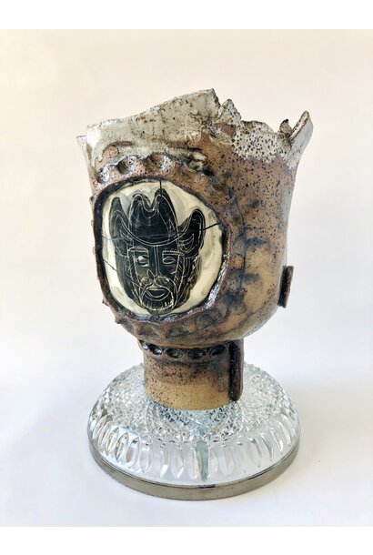 SOLD - Paul O'Connor - Cowboy/Skull Bowl, 2023 - Raku clay mix, porcelain insert, up-cycled glass base - 29x20x20cm