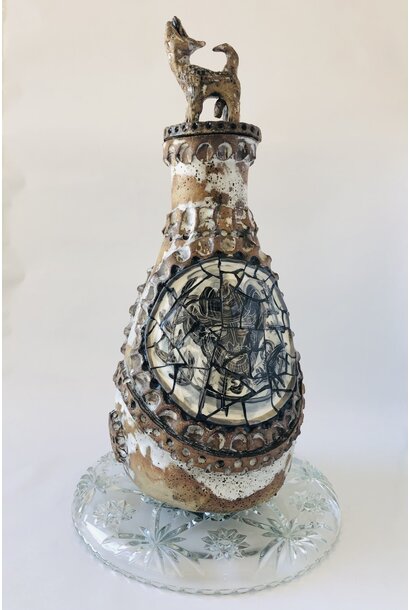 SOLD - Paul O'Connor - Yearn Beast Urn III, 2023 - Raku clay mix, mosaic porcelain insert, up-cycled glass base - 60x32x32cm