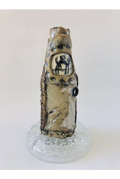 SOLD - Paul O'Connor - Beast Vase I, 2024 - Raku clay mix, porcelain insert, mirror, up-cycled glass base - 30x18x18cm