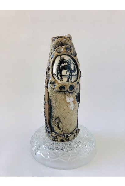 SOLD - Paul O'Connor - Beast Vase II, 2024 - Raku clay mix, porcelain insert, mirror, up-cycled glass base - 30x18x18cm
