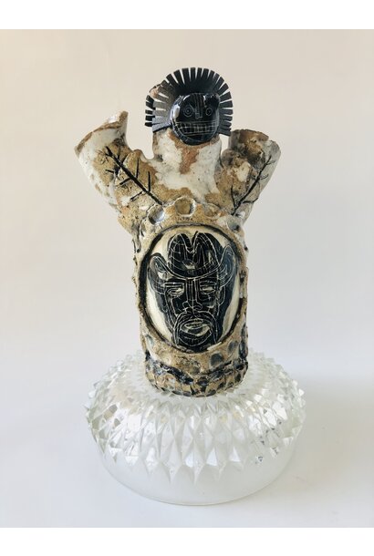 SOLD - Paul O'Connor - Cowboy/Skull Vase, 2024 - Raku clay mix, porcelain insert, rubber, up-cycled glass base - 32x21x21cm