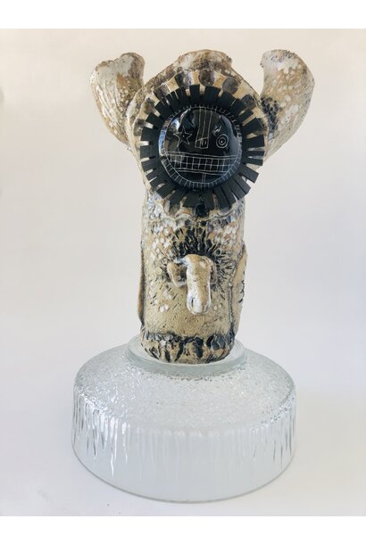 SOLD - Paul O'Connor - Wild Boy Vase, 2024 - Raku clay mix, porcelain insert, rubber, up-cycled glass base - 35x21x21cm