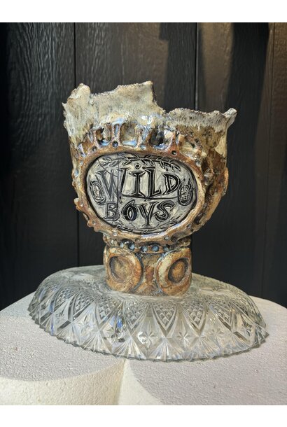 SOLD - Paul O'Connor - Wild Boys Bowl, 2024 - Raku clay mix, porcelain insert, up-cycled glass base - 26x21x19cm