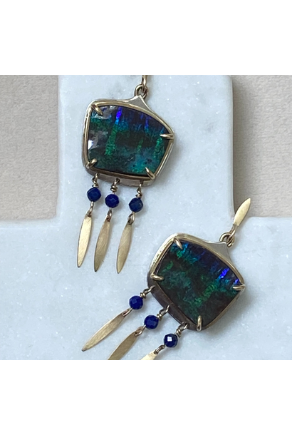JOYASABI Large Boulder Opal Lapis Lazuil Bead Earrings 18ct Yellow Gold Silver Handmade in Hobart Becker Minty