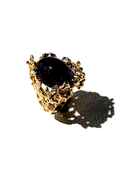 Vintage Cabochon Oval Amethyst Cocktail Ring - 14ct Yellow Gold - Size "O"