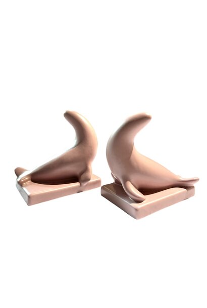 Vintage Matte Pink Ceramic Seal Bookends - Germany - W12xD9xH13cm
