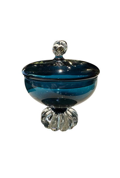 Vintage ASEDA  Blue Glass Coupe with Lid or Bowl with Lid - Lobbed Base - H12xD11cm - Sweden