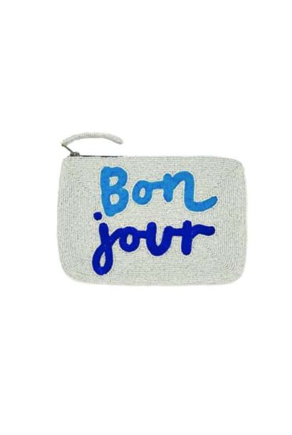 The Jacksons - Bon Jour   Beaded Clutch - White / Blue - 24x 17cm