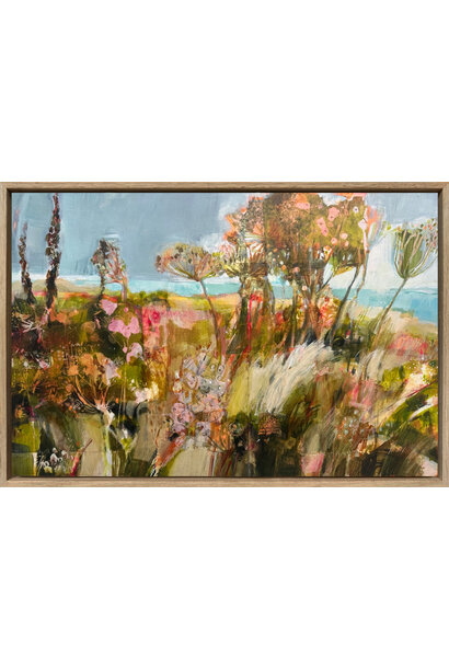 Debbie Mackinnon - Among Golden Stems, 2025 - Acrylic and mixed media on birch panel - 43x63cm framed