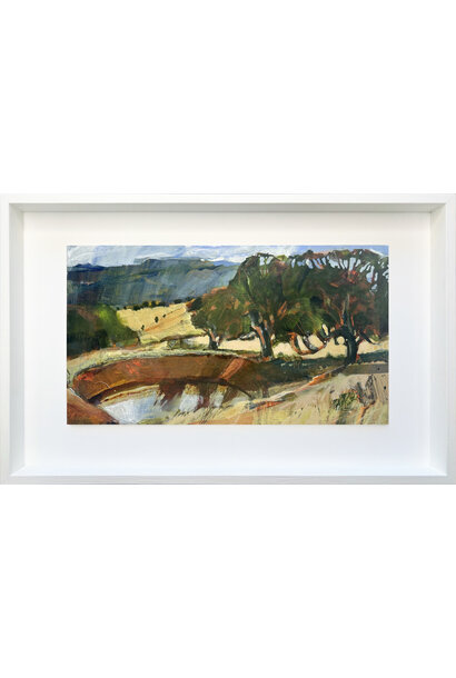 Debbie Mackinnon - Across the Dam, 2025 - Acrylic and mixed media on birch panel - 32x50cm framed