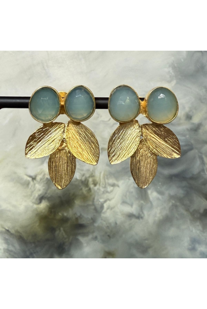 WILFRID & HEATH - Leaf Earrings with Aqua Chalcedony - Gold Plated Brass - India