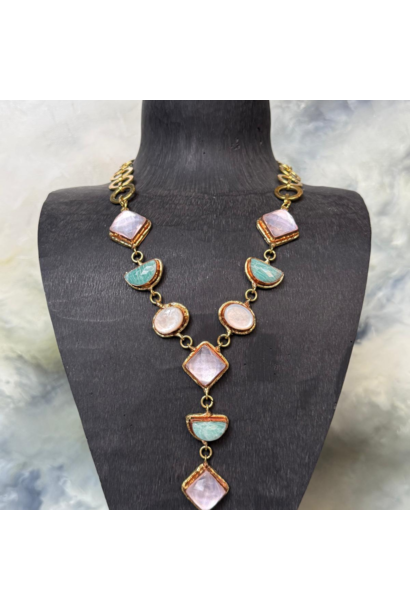 WILFRID & HEATH - Rose Quartz and Amazonite Necklace  - Gold Plated Brass - India