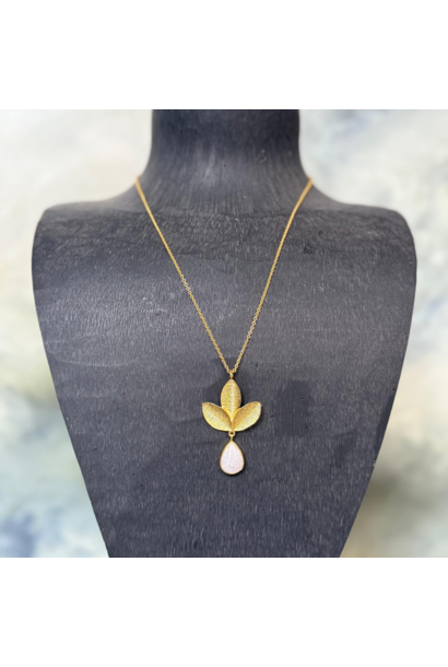 WILFRID & HEATH - Three Leaf and Moonstone Pendant with Chain - Gold Plated Brass - India