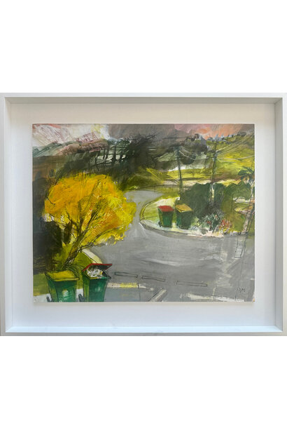 Debbie Mackinnon - Bin Night, 2025 - Acrylic and mixed media on paper mounted on board with cold wax - 53x62.5cm framed