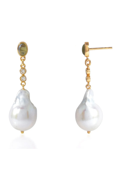 SHYLA - Ischia  Earrings Baroque Pearl Top with Iolite - 22ct Gold Plated on Sterling Silver - London