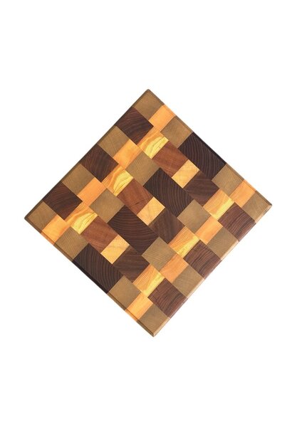 Hand Crafted Tasmanian Endgrain Timber Cutting Board 9 - Sassafras, Celery Top Pine, Myrtle & Blackwood - Lovingly Handmade by Mr Minty's Brother - 26.5x26xH4cm