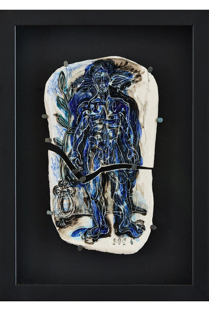 3. Paul O'Connor - What Do I Have To Do?, 2024 - Porcelain, glaze, tacks, black box frame with non-reflective glass - 32x24x6cm framed