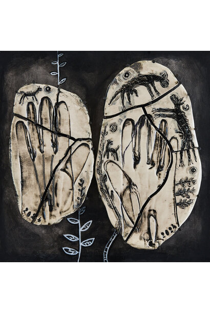 12. Paul O'Connor - Hand On Your Heart, 2024 - Porcelain, glaze, tacks, chalk, timber, perspex box frame - 31x31x9cm framed