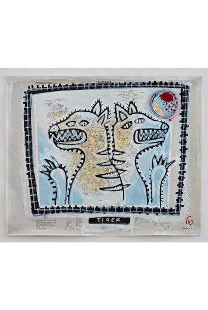 SOLD - 15. Paul O'Connor - Tiger, 2025 - Acrylic, leather and cotton on 1973 map of Tasmania - 59x72cm