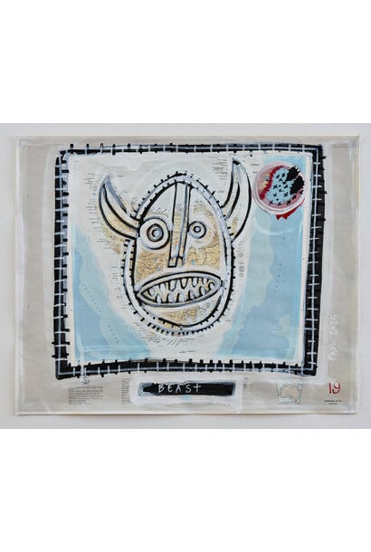 SOLD - 16. Paul O'Connor - Beast, 2025 - Acrylic, leather and cotton on 1973 map of Tasmania - 59x72cm