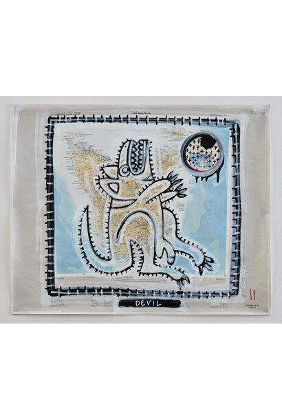 SOLD - 17. Paul O'Connor - Devil, 2025 - Acrylic, leather and cotton on 1973 map of Tasmania - 59x72cm