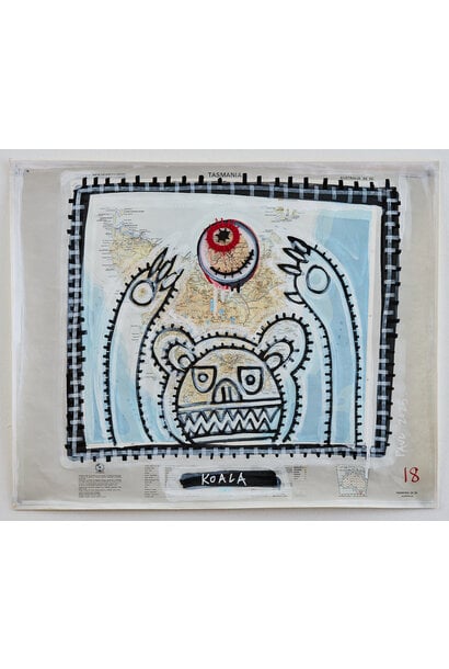 SOLD - 18. Paul O'Connor - Koala, 2025 - Acrylic, leather and cotton on 1973 map of Tasmania - 59x72cm