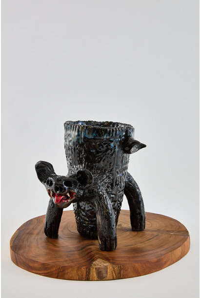 Paul O'Connor - Beast Vase I, 2025 - Recycled clay, porcelain insert, wood base - 25x13x15cm