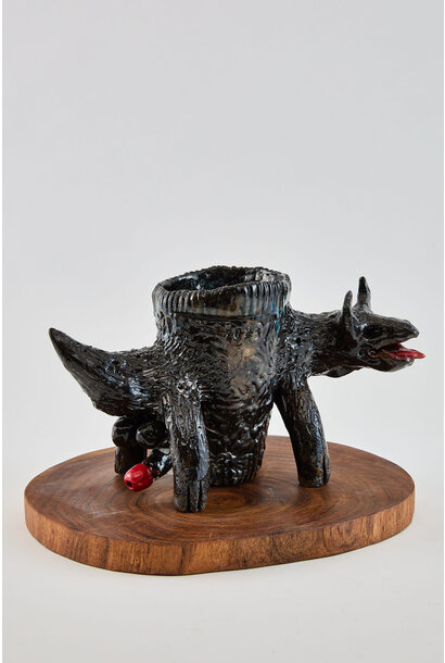 Paul O'Connor - Beast Vase II, 2025 - Recycled clay, porcelain insert, wood base - 25x13x15cm