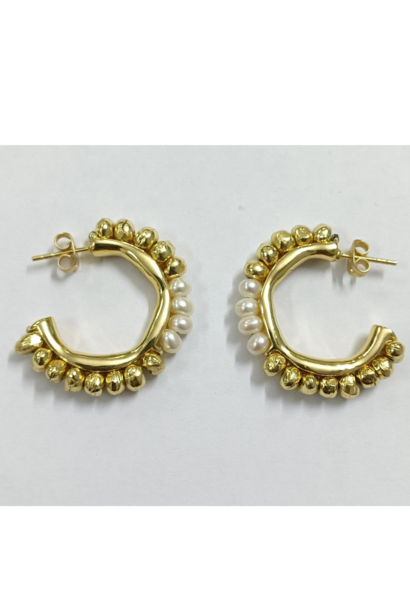 WILFRID & HEATH - Gold Nugget Cresent Earrings with Pearls  -18kt Gold Plated Brass