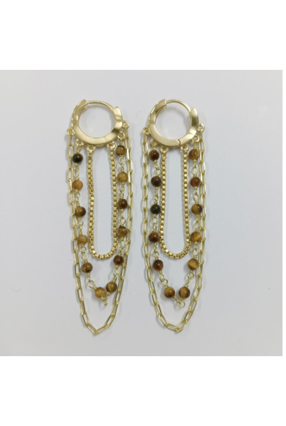 WILFRID & HEATH - Allure Chain Earrings with Tigers Eye with 18kt Gold Plated Brass