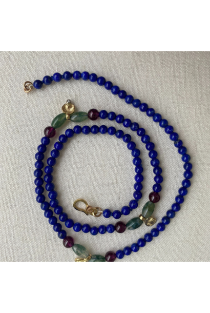 JOYASABI - Song of the Naiad Lapis Lazuli, Garnet and Moss Agate Beads Necklace - 18ct Yellow Gold Song of the Naiad Waterlily Motifs with Diamond - Handmade in Tasmania