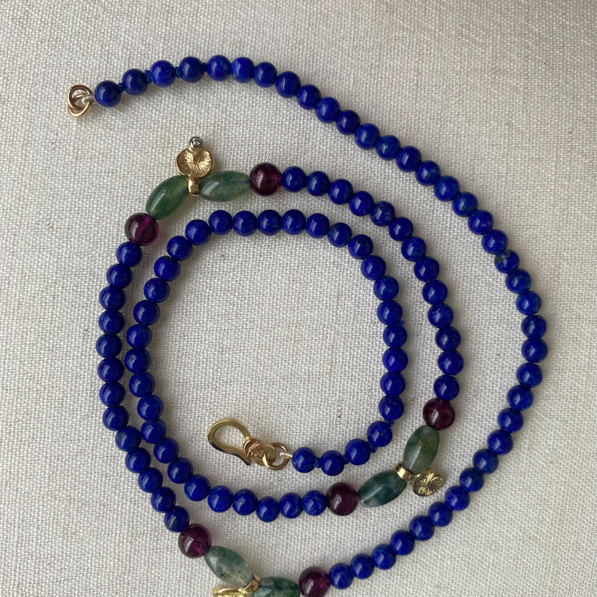 JOYASABI - Song of the Naiad Lapis Lazuli, Garnet and Moss Agate Beads Necklace - 18ct Yellow Gold Song of the Naiad Waterlily Motifs with Diamond - Handmade in Tasmania-1