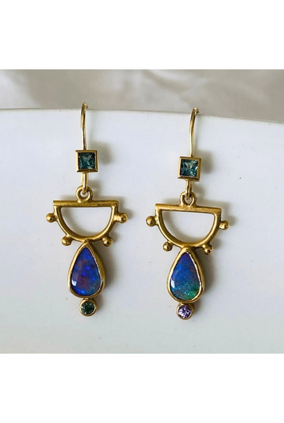 JOYASABI - Artemis Boulder Opal and Sapphire Earrings - 22ct Yellow Gold  Setting with Round Mismatched coloured Sapphires Bezel set below the Opal - Handmade in Tasmania