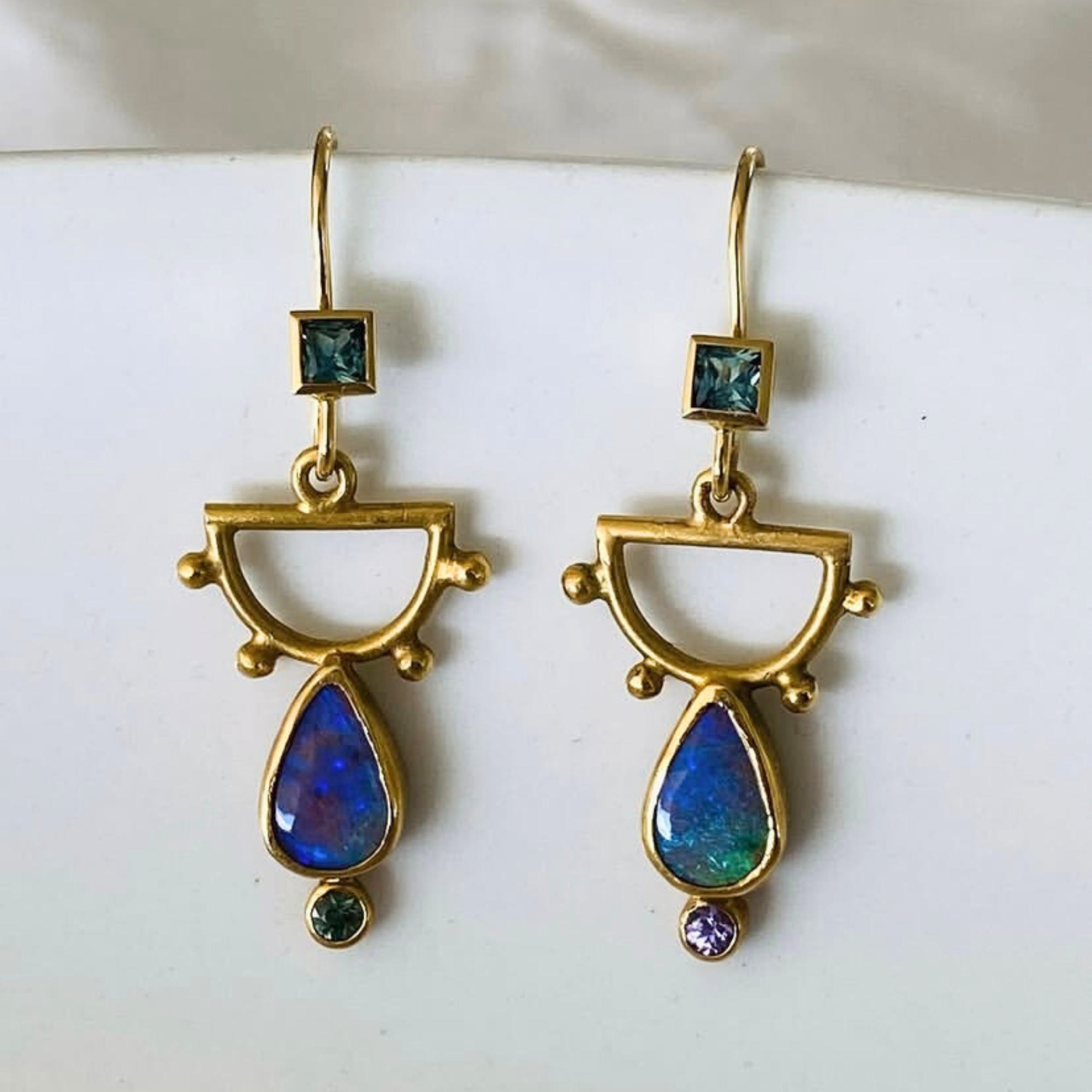 JOYASABI - Artemis Boulder Opal and Sapphire Earrings - 22ct Yellow Gold  Setting with Round Mismatched coloured Sapphires Bezel set below the Opal - Handmade in Tasmania-1