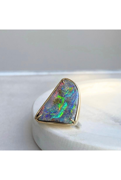 JOYASABI - Large Boulder Opal Ring (15.4ct Boulder Opal) Set in Handmade 18ct Yellow Gold & Silver Setting - Handcrafted in Tasmania