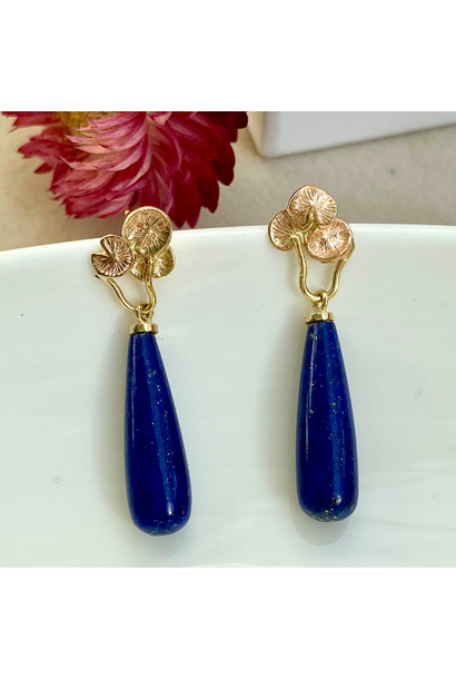 JOYASABI - Song of the Naiad Cluster Earrings with Lapis Lazuli Briolette Drop - 18ct Rose & Yellow Gold - Handmade in Tasmania