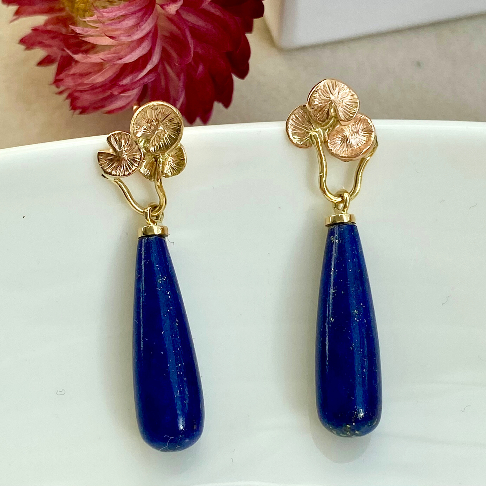 JOYASABI - Song of the Naiad Cluster Earrings with Lapis Lazuli Briolette Drop - 18ct Rose & Yellow Gold - Handmade in Tasmania-1