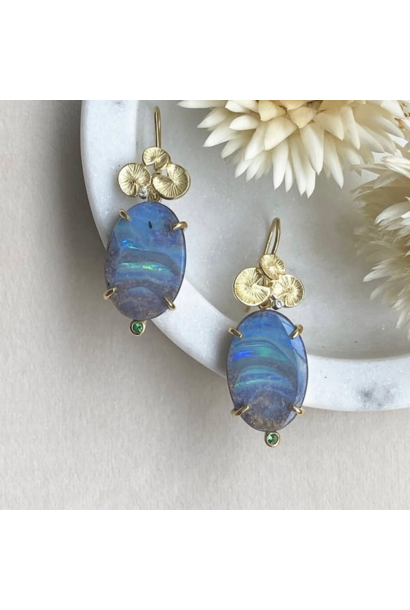 JOYASABI - Song of the Naiad Boulder Opal Earrings with Small Green Tsavorite Garnets -18ct Yellow Gold with Silver Plate backing, Opal can be Detached from the Hook - Handmade in Tasmania