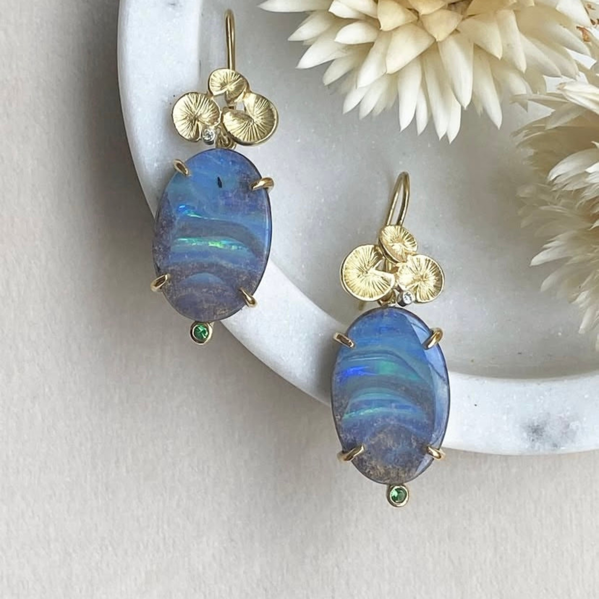 JOYASABI - Song of the Naiad Boulder Opal Earrings with Small Green Tsavorite Garnets -18ct Yellow Gold with Silver Plate backing, Opal can be Detached from the Hook - Handmade in Tasmania-1