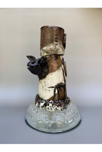 Paul O’Connor - Festive Feral Vase 1, 2025 - Recycled clay with porcelain inset on glass and mirror bases - 26.5x16.5x13cm (base 4x20x20cm)