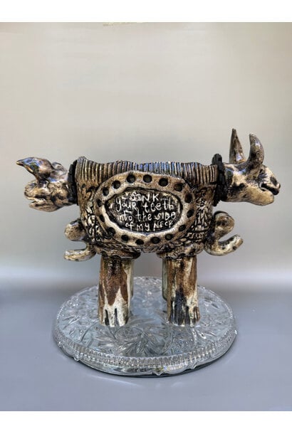 Paul O’Connor - Festive Feral Bowl, 2025 - Recycled clay with resin inset on glass and mirror bases - 21x37x18cm (base 2x26x26cm)