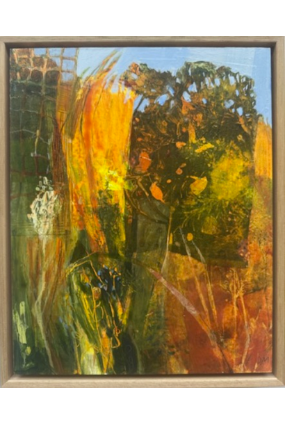 Debbie Mackinnon - We'll Lie In Golden Meadows, 2025 - Acrylic and mixed media on birch panel - 33x27cm framed
