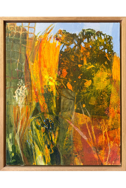 Debbie Mackinnon - We'll Lie In Golden Meadows, 2025 - Acrylic and mixed media on birch panel - 33x27cm framed